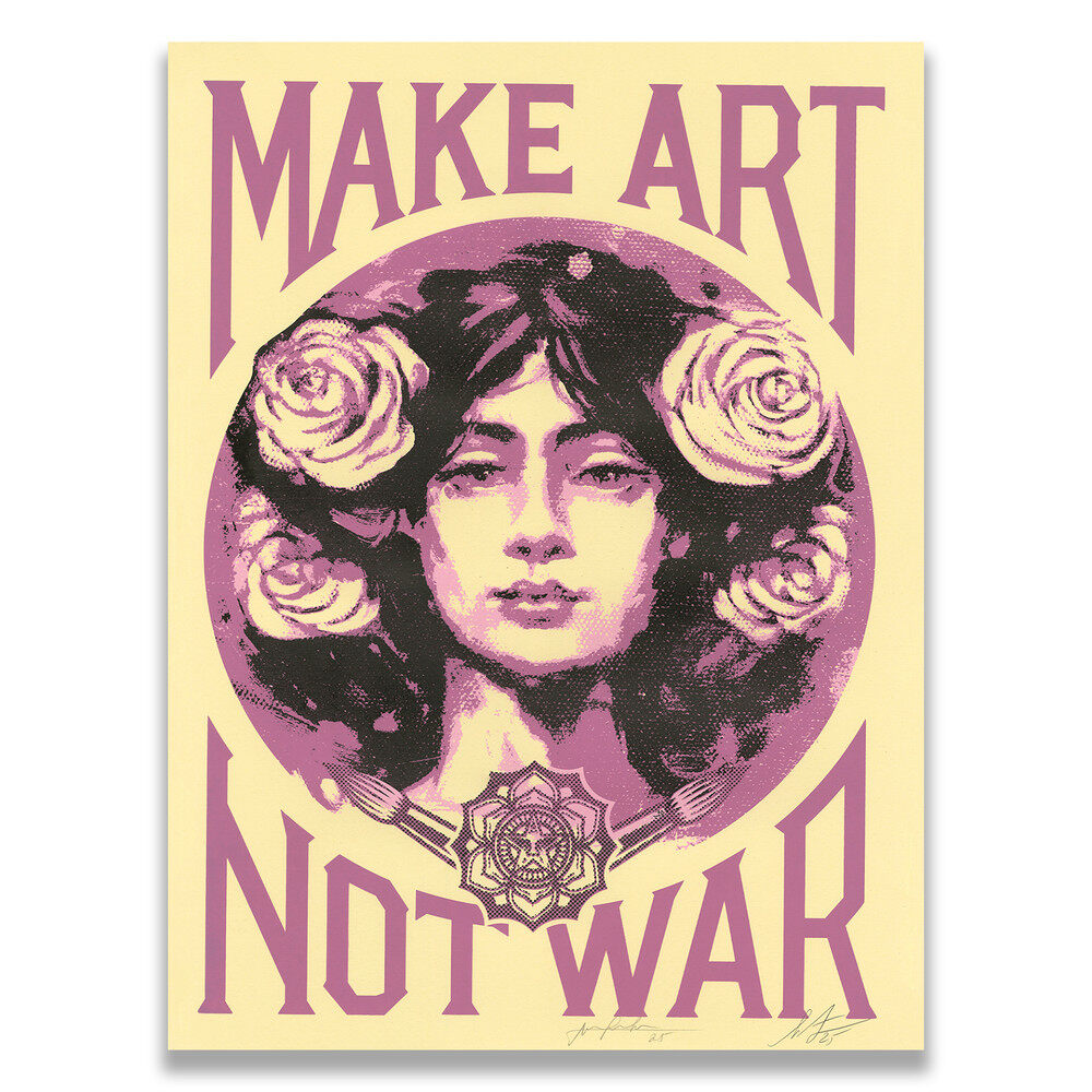 Make Art Not War (painting) Cream by Shepard Fairey x Alfredo Gonzalez — fine art print available at Rowang Gallery