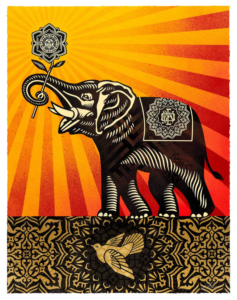 Peace Elephant VSE OG Colorway HPM by Shepard Fairey — work on paper available at Rowang Gallery