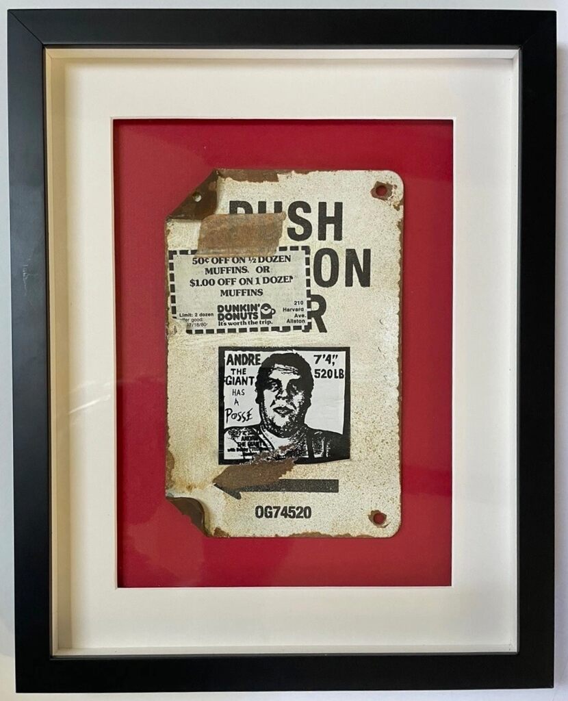 OG Crosswalk Sign / Push Button Andre The Giant by Shepard Fairey — mixed media available at Rowang Gallery