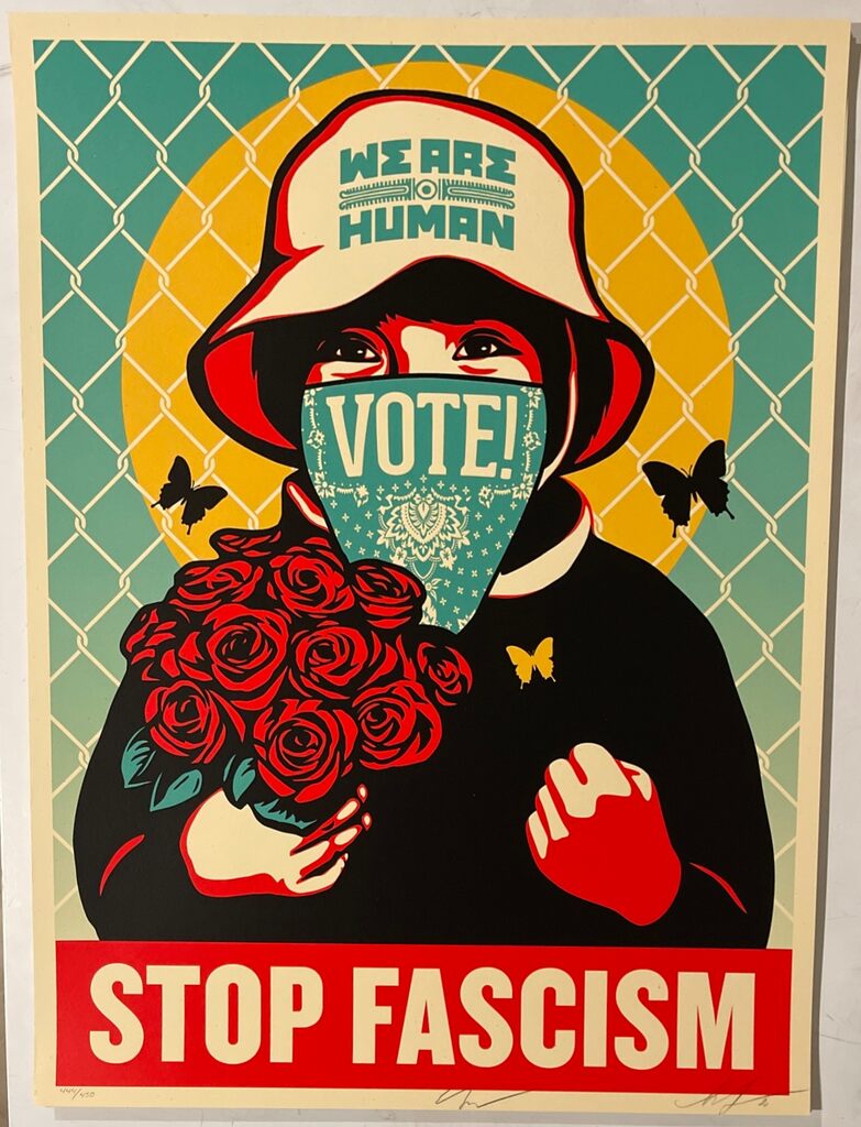 Vote! Stop Fascism by Shepard Fairey x Ernesto Yerena — fine art print available at Rowang Gallery