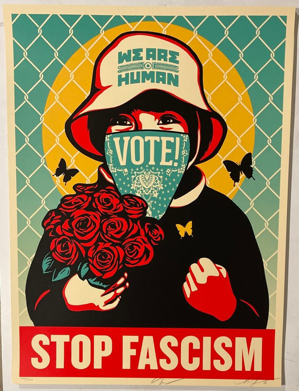 Vote! Stop Fascism by Shepard Fairey x Ernesto Yerena — fine art print available at Rowang Gallery