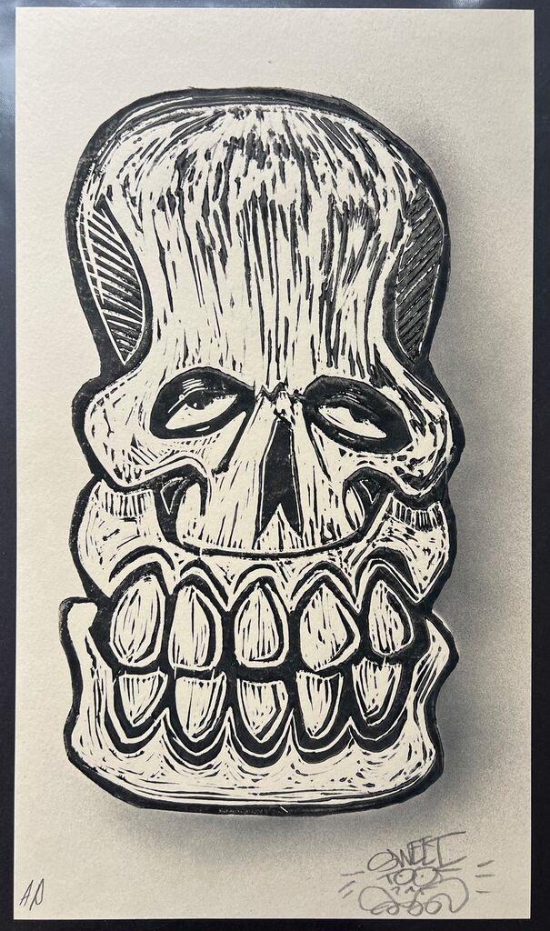Mr Bones (linocut) by Sweet Toof — fine art print available at Rowang Gallery