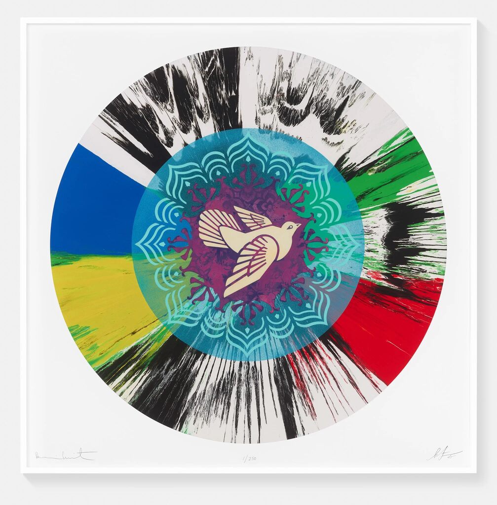 Beautiful Optimistic Peace and Love Dove Spin Painting by Shepard Fairey x Damien Hirst — fine art print available at Rowang Gallery