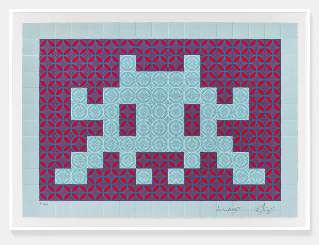 Positive Space/Negative Space (Blue/Red) by Shepard Fairey x Invader — fine art print available at Rowang Gallery
