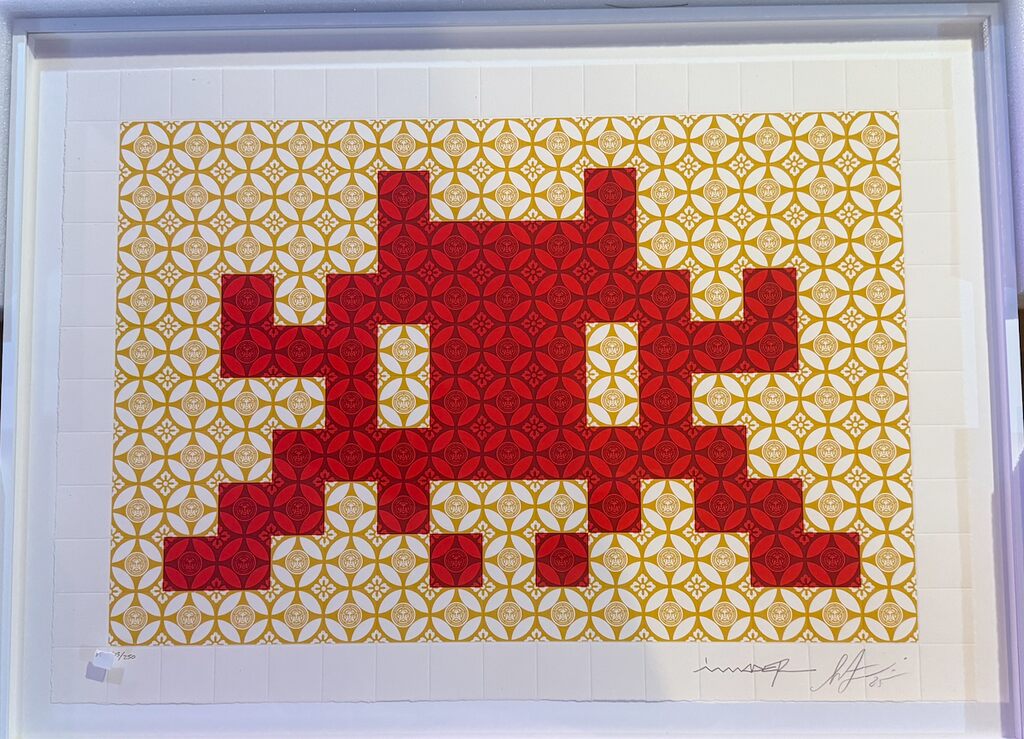 Positive Space/Negative Space (Red/Cream) by Shepard Fairey x Invader — fine art print available at Rowang Gallery