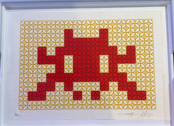 Positive Space/Negative Space (Red/Cream) by Shepard Fairey x Invader — fine art print available at Rowang Gallery