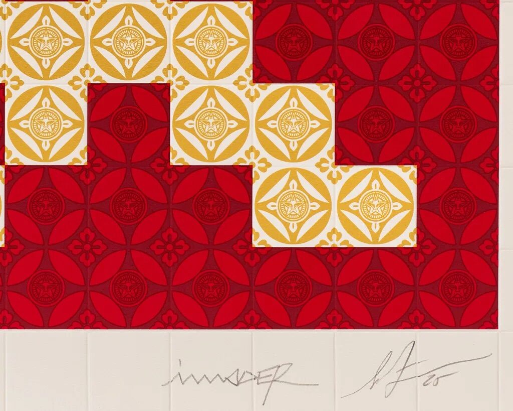 Positive Space/Negative Space (Cream/Red) by Shepard Fairey x Invader — fine art print available at Rowang Gallery