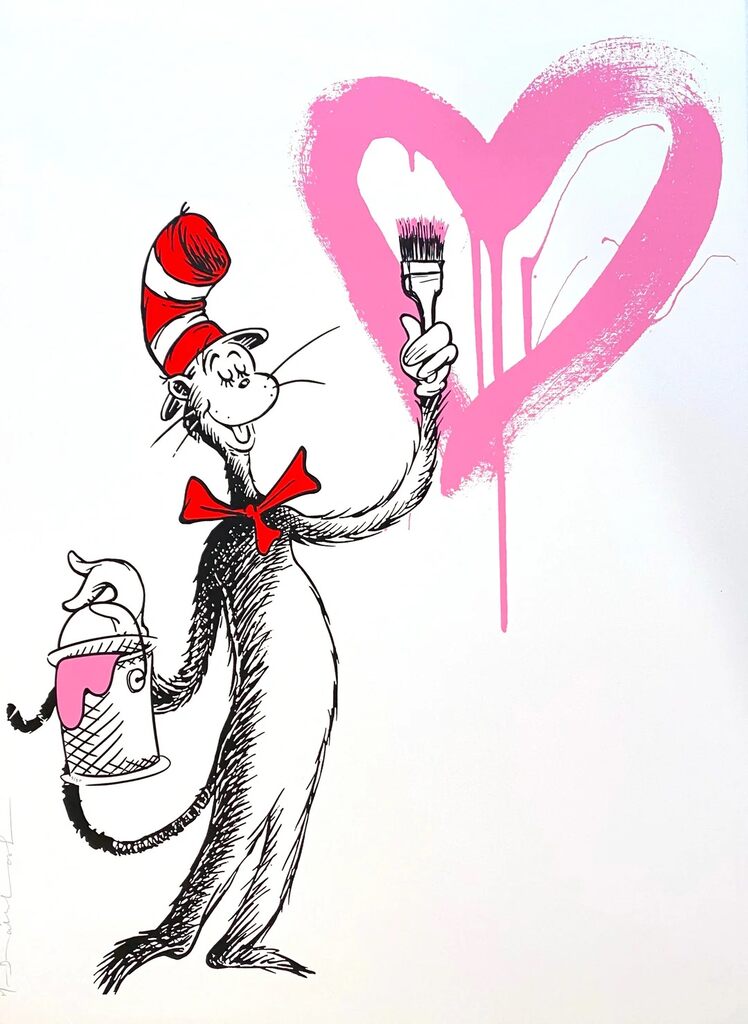 The Cat And The Heart - Pink by Mr. Brainwash — fine art print available at Rowang Gallery
