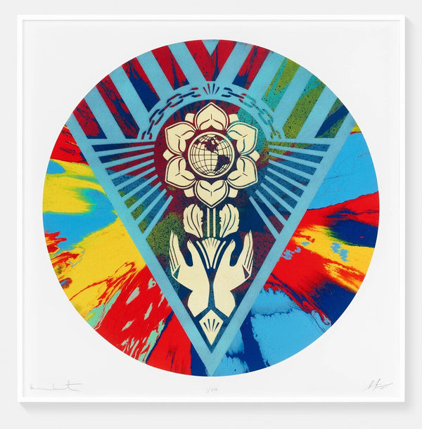 Beautiful Rotating Earth Justice Spin Painting by Shepard Fairey x Damien Hirst — fine art print available at Rowang Gallery