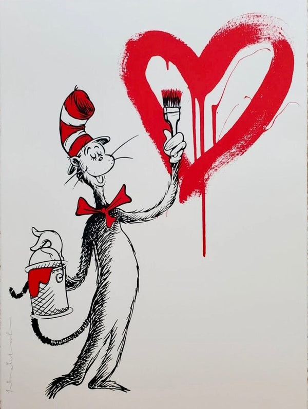 The Cat And The Heart - Red by Mr. Brainwash — fine art print available at Rowang Gallery